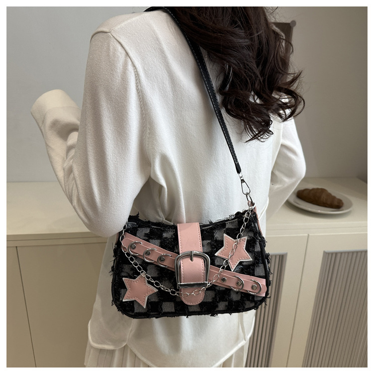 Fashion Cool Girls Denim Shoulder Crossbody Bags Vintage Chain Women's Underarm Bag Y2k Star Portable Female Hobos Handbags