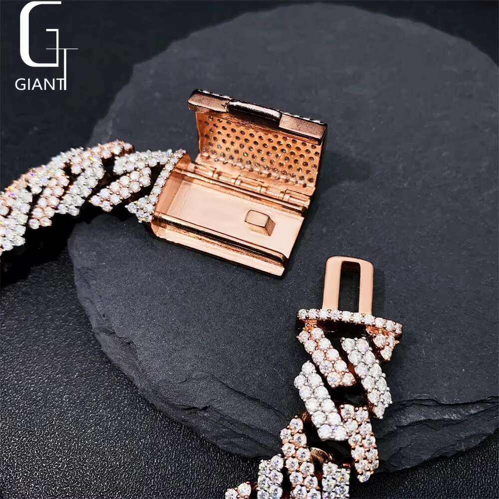 15mm Rose Gold + Silver Plated HIP HOP Jewelry 925 Sterling Silver VVS Moissanite Diamond Cuban Link Necklace Bracelet Unisex