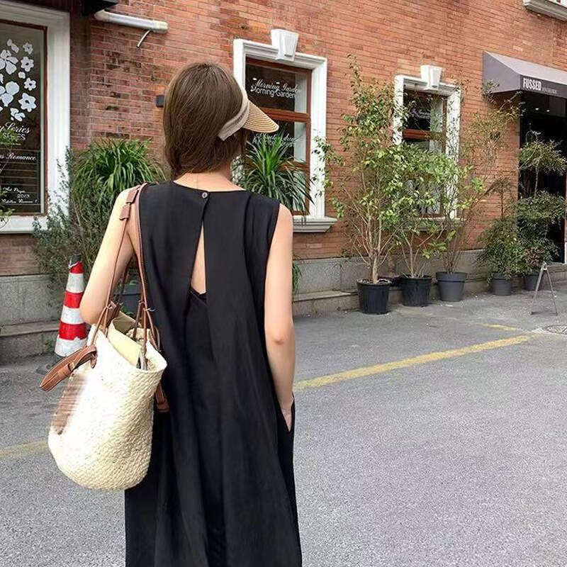 Black Sleeveless Petite Summer New Korean Style Loose Slimming Fashionable Age-Reducing Dress For Women B5