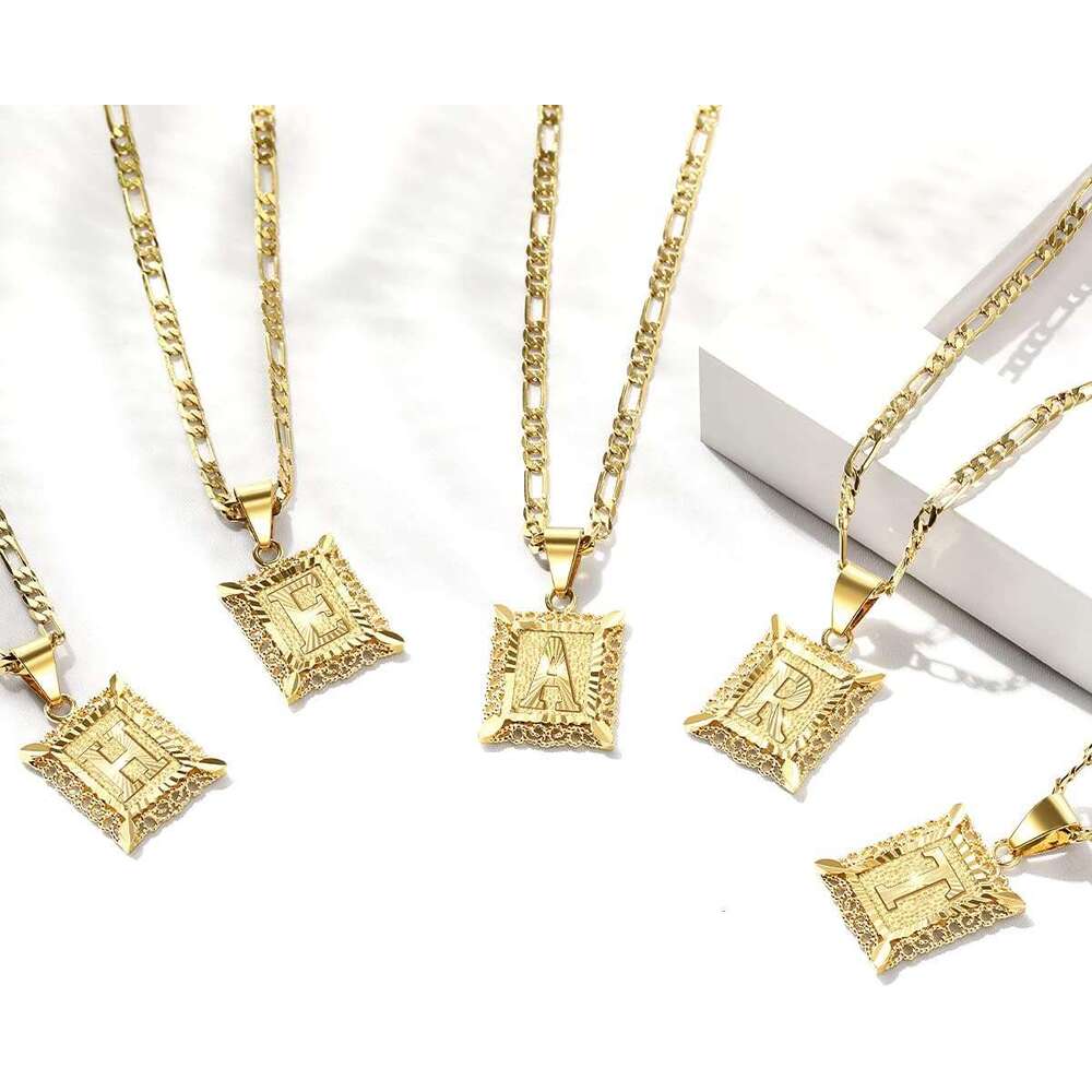 Initial Letter Pendant Necklace for Men Women 14K Gold Plated Square Capital Monogram Necklace Alphabets From A-Z Figaro Chain Punk Jewelry