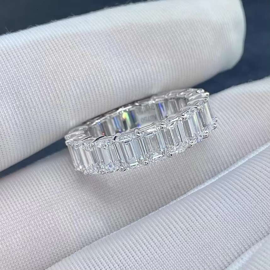 14K White Gold VVS1 DEF Color Emerald Cut Lab Grown Diamond Eternity Ring Band