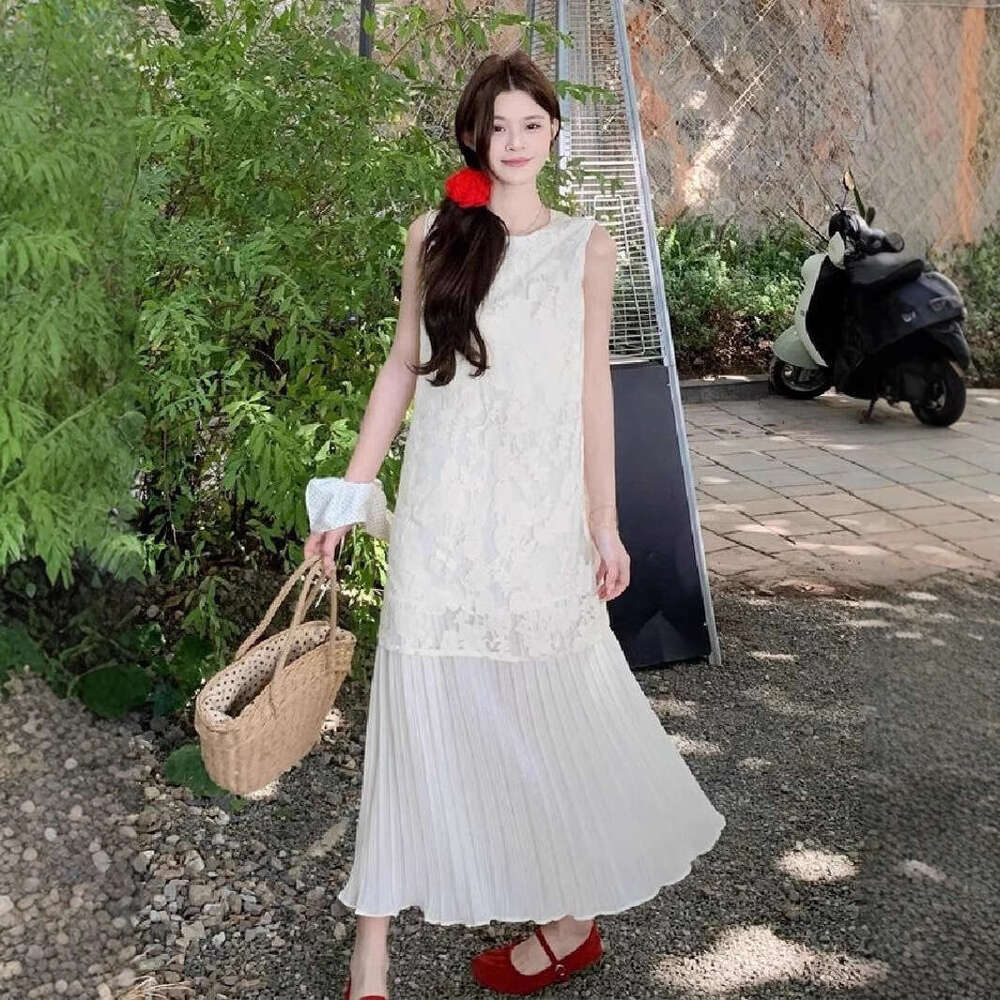 Summer New French Vacation Style Lace Embroidered Mid-Length Sleeveless Tank Dress Women's Chic B5