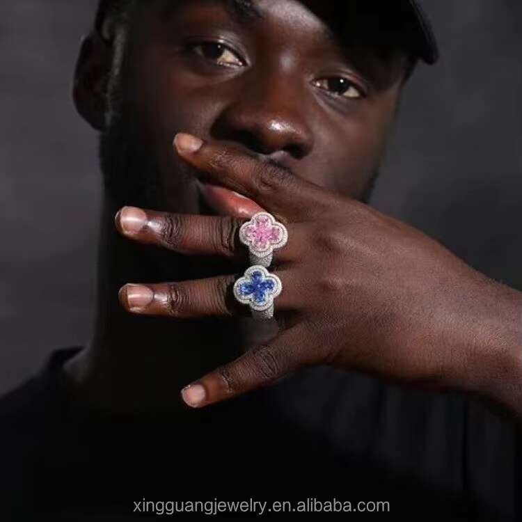 Popular Style VVS Moissanite Clover Ring S925 Silver Ring for Men Women Colorful Blue Pink Green Moissanite Cuban Ring