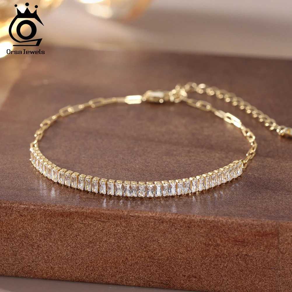 ORSAYEELS Solid Silver Tennis Emerald Cut CZ With Paper Clip Chain Cubic Zircon Elegant Shiny Female SB215 Z250711