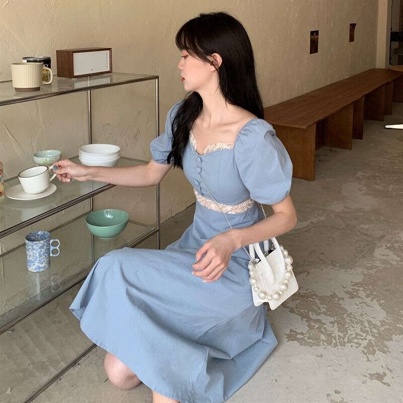 Tea Break French Square Neck For Women New Summer Wear Petite Elegant Waist-Cinching Slimming Long Dress B5