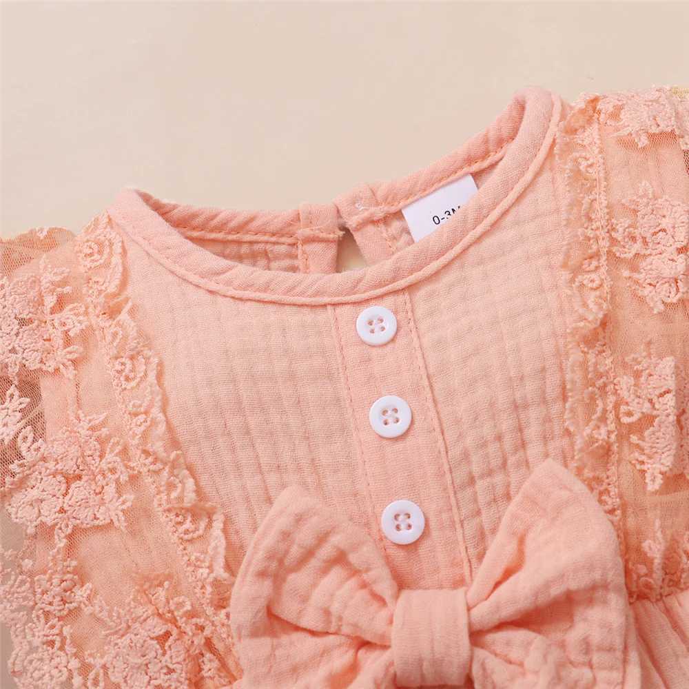 0-18 Months Old Newborn Solid Color Sleeveless Round Neck Lace Edge Bow Romper + Headband Baby Girl Summer New Casual Jumpsuit XJ250712