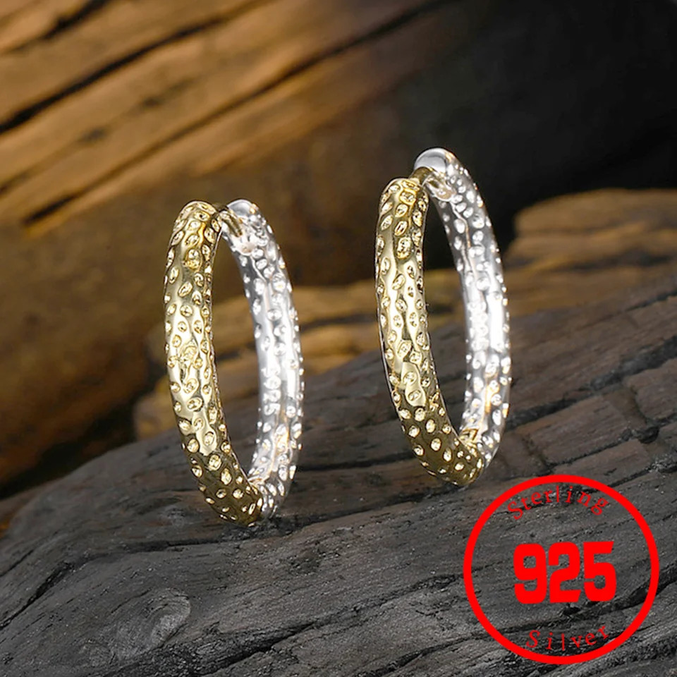 Stamp 925 Sterling Silver Round Hoop Earrings Contrast Color Uneven Geometric Piercing Ear Buckle Fine Jewelry 250708
