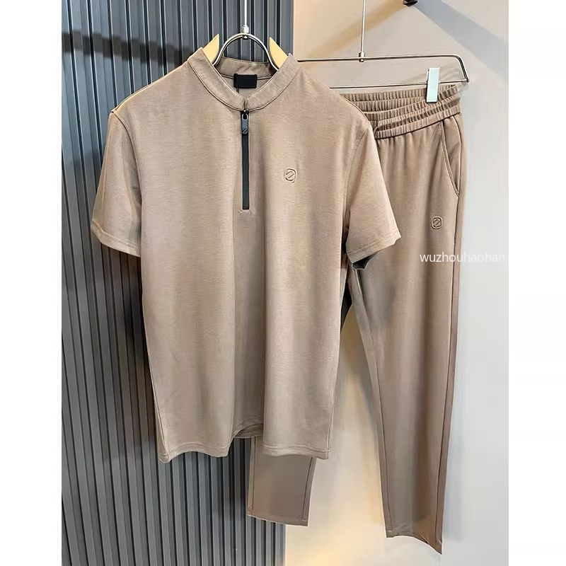Men Two Piece Sets Summer Semi-zipper T-shirt Casual Trousers Suit ZG1289