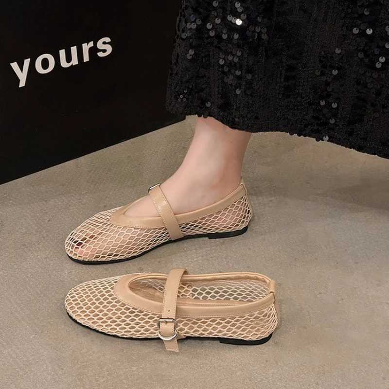 Fishnet Ballet Flats Woman Chic Brand Design Hollow Out Lace Mary Jane Shoes Ladies Summer Sandals Breathable Mesh Shoes XJ250712
