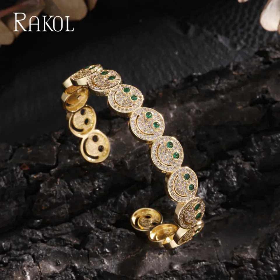 RAKOL Stylish Round Smile Cuff Bangle Copper Gold Plated Cubic Zirconia Charm Party Jewelry For Women Men Gifts Z250711