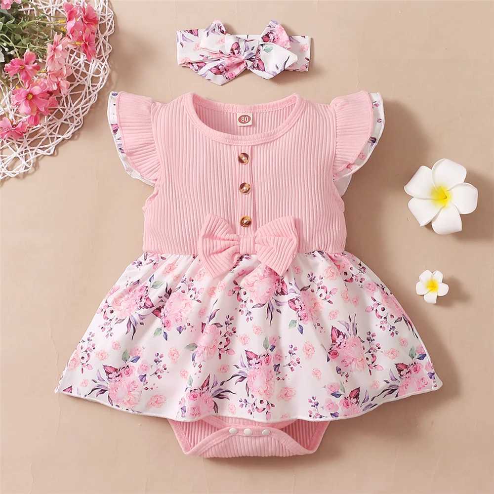 0-18 Months Baby Girl Floral Romper Dress Fly Sleeve Summer Ribbed Jumpsuit with Headband Newborn Baby Girl 2PCS Outfit XJ250712