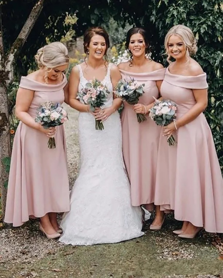 Cheap Simple Sexy Blush Pink A Line Bridesmaid Dresses Off Shoulder Hi-lo Plus Size Maid of Honor Gowns robes de demoiselle d'honneur