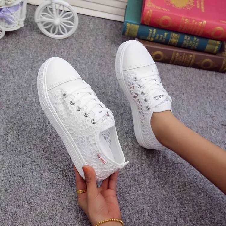 2024 Women Shoes Fi Summer Casual White Shoes Cutouts Lace Canvas Hollow Breathable Platform Flat Shoes Women Sneakers XJ250712