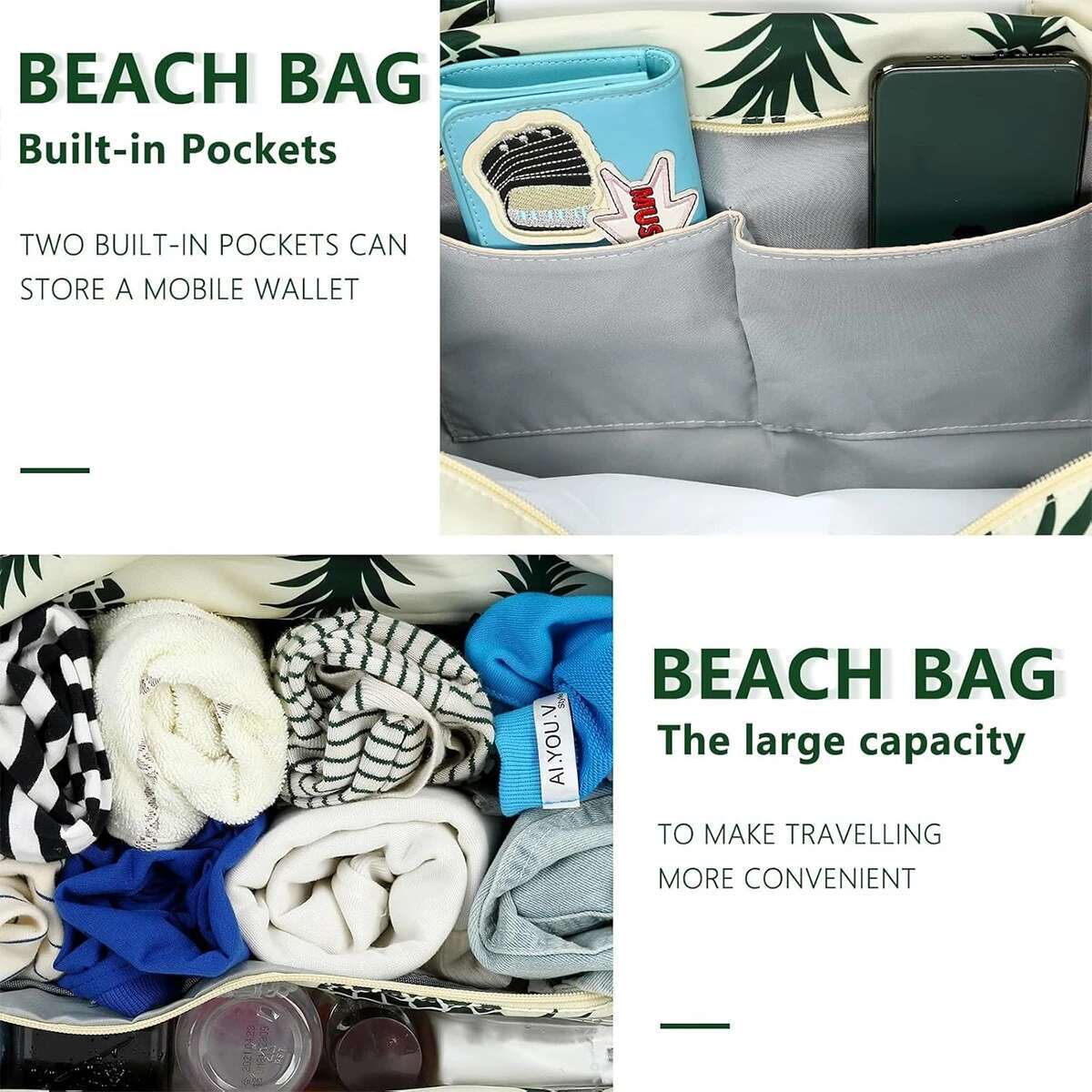 Beach Tote Women, Foldable Travel with Anti-Sand Pocket Lightweight Storage Bag for Gym/Shopping, Packable in Carry-On high-quality
