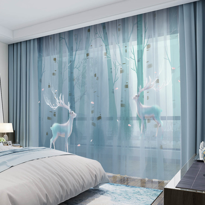 YL-36665 Whole house Nordic forest elk curtain modern ins style bedroom living room blackout floating window gauze package