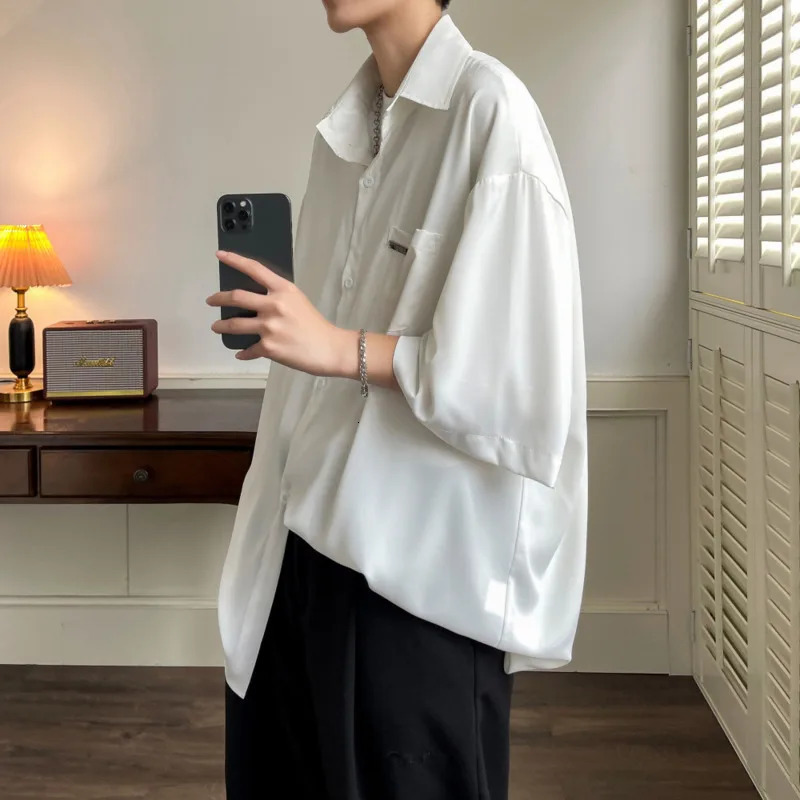 Summer Short Sleeved Shirt Men Society Mens Formal Dress Shirt Korean Loose Ice Silk Shirt Mens White Casual Shirts Large Size 250707