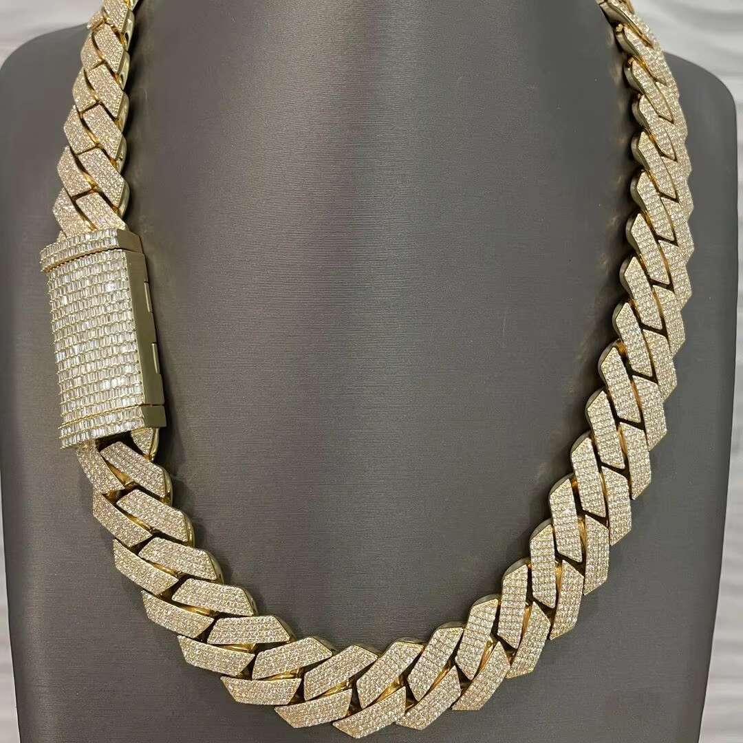 Mens Gold Chains 18mm Iced Out Two Tone VVS Moissanite Miami Cuban Link Chain S925 Sterling Silver Necklace