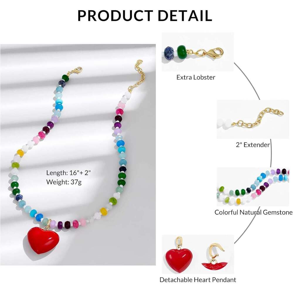 Beaded Necklace for Women Colorful Boho Bead Choker With Bubble Puffy Heart Pendant Natural Stone Rainbow Necklaces Summer Surfer Beach Handmade Jewel