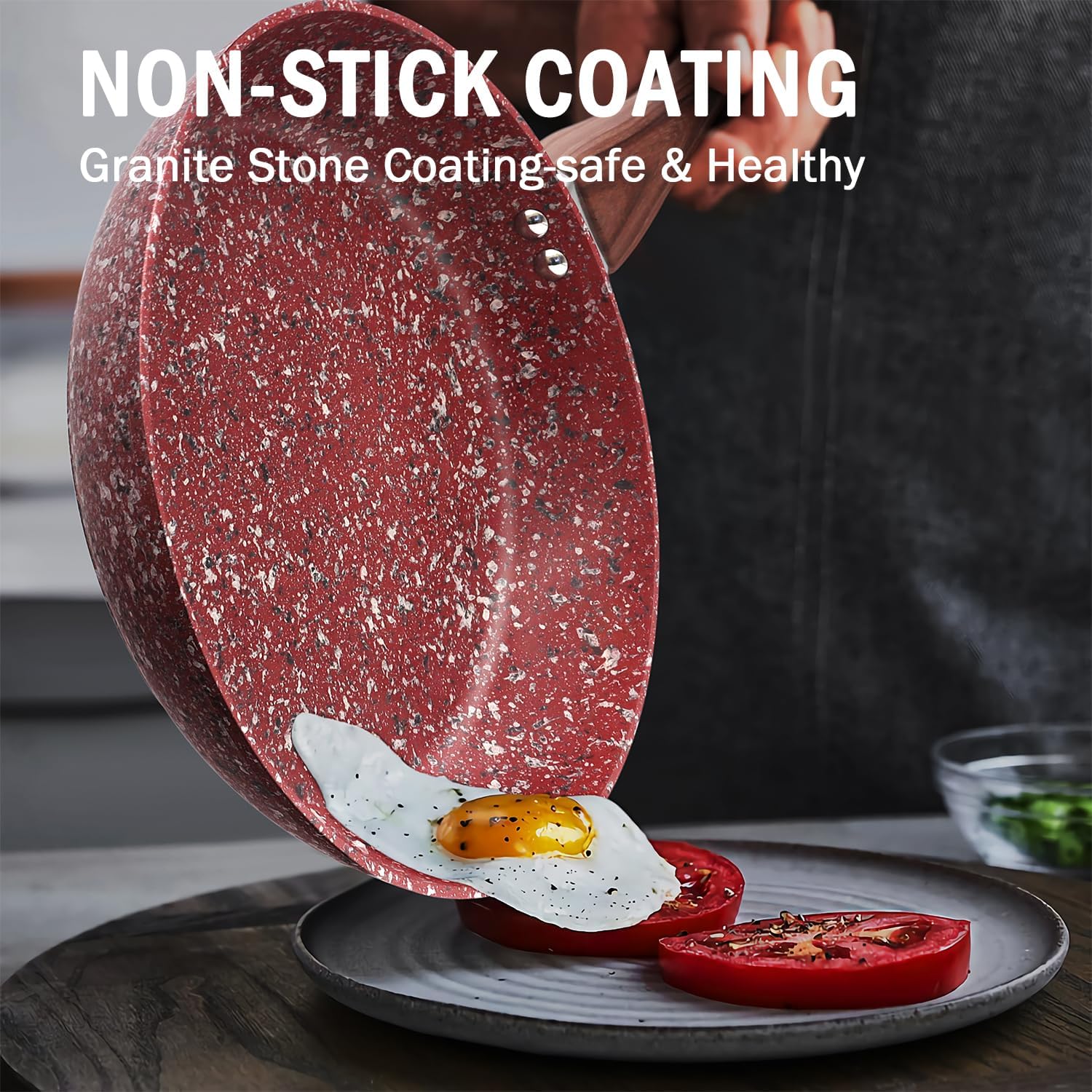KOCH SYSTEME CS 10 inch Red Granite Non-Stick Frying Pan with Lid, Classic Pans with Non-toxic Nonstick Coating