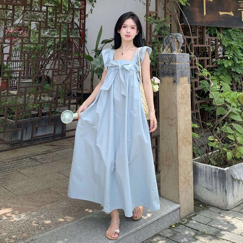Gentle Style Lace-Up Bowknot For Women Summer Sweet Small Flutter Sleeves Elegant Waist-Cinching Slimming A-Line Long Dress B5