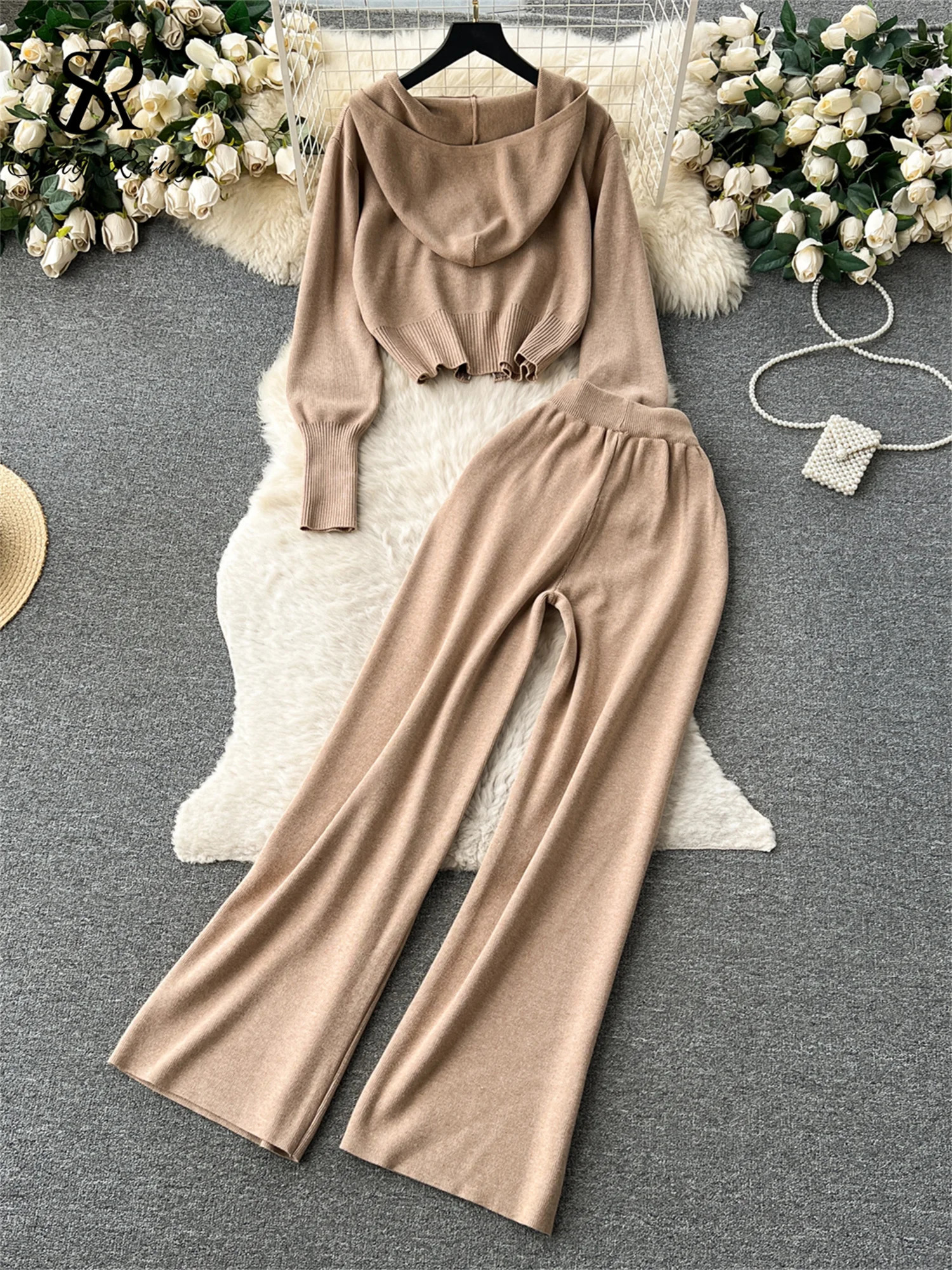 SINGREINY Fashion Casual Sports Knitted Suits Zipper HoodieElastic Waist Drawstring Wide Legs Long Pants Winter Two Pieces Sets 250709