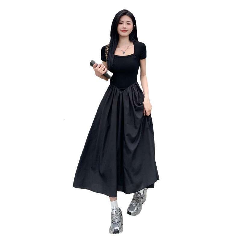 Hepburn Style Square Neck For Women Summer New Black High Waist Petite A-Line Midi Dress B5