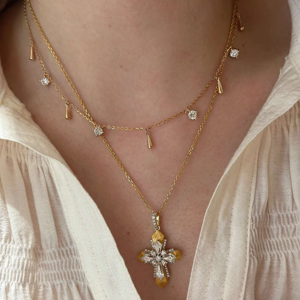 Luxury jewelry designer necklace with Italian brushed craftsmanship cross two tone gold silver pendant vintage Rupert's tears layered necklace hi