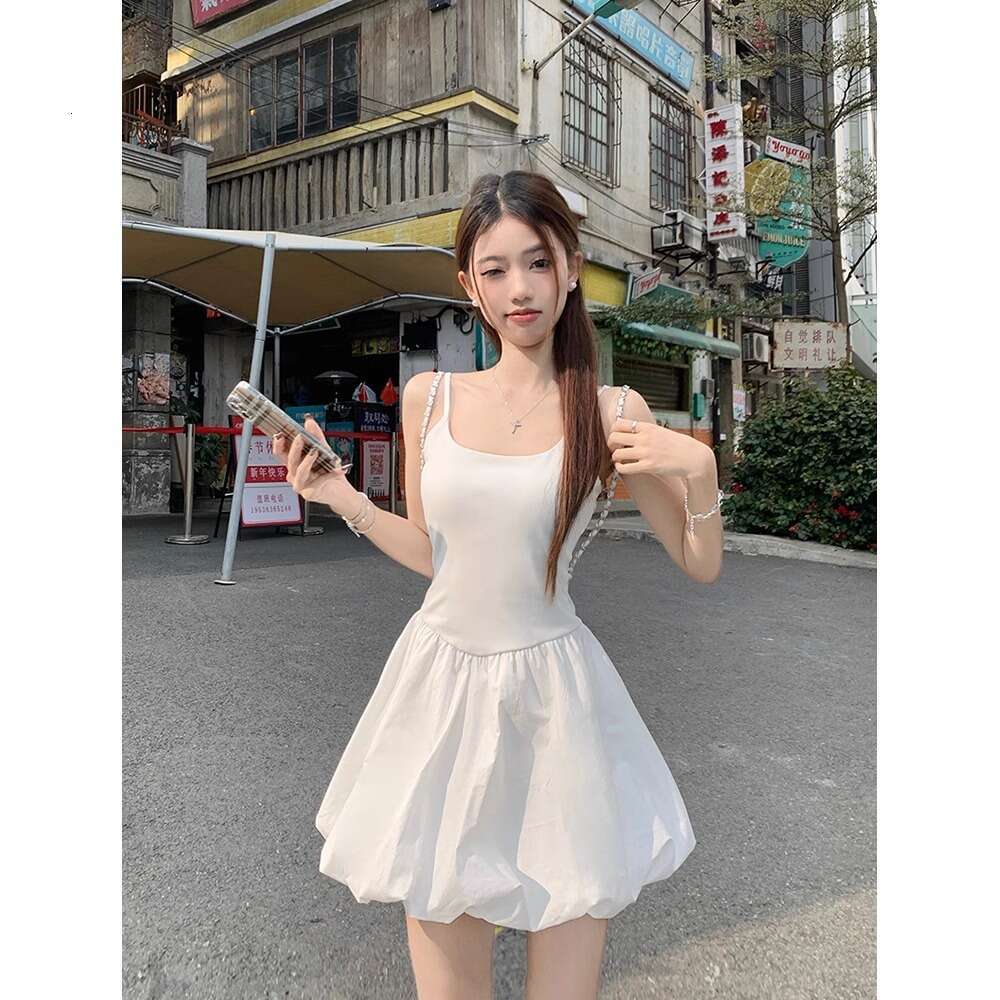 French Style Gentle White Strap For Women Summer Slim Fit Slimming Puff Princess Birthday Short Dress B5