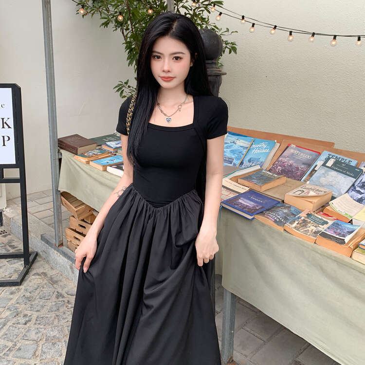 Hepburn Style Square Neck For Women Summer New Black High Waist Petite A-Line Midi Dress B5