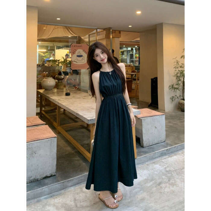 Blue Off-Shoulder Vacation Style New Design Waist-Cinching Slimming Sleeveless Halter Neck Long Dress For Women Summer B5
