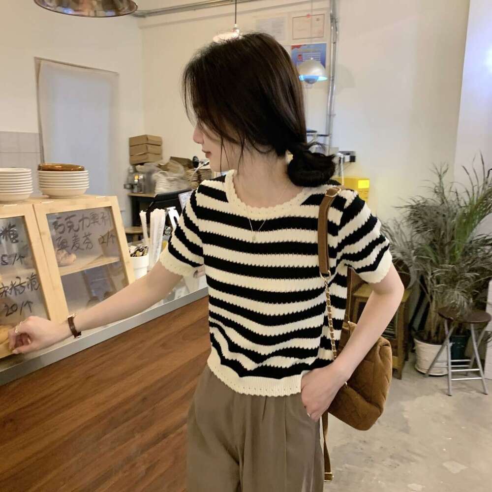 Korean Style Black And White Striped Hollow Design Elegant Versatile Short Sleeve Knitted For Women Summer High-End Feel Women's Top B5