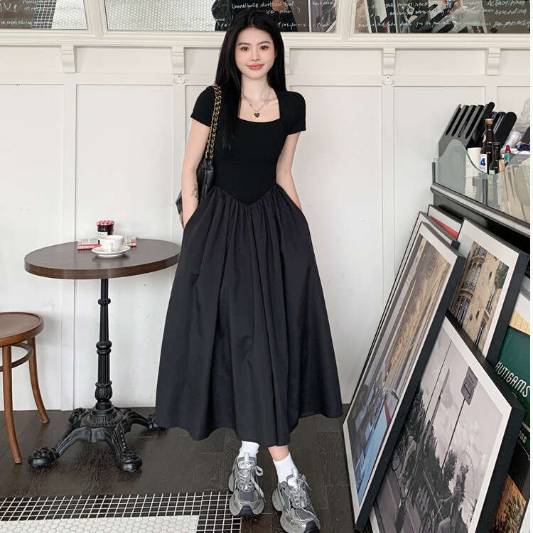 Hepburn Style Square Neck For Women Summer New Black High Waist Petite A-Line Midi Dress B5