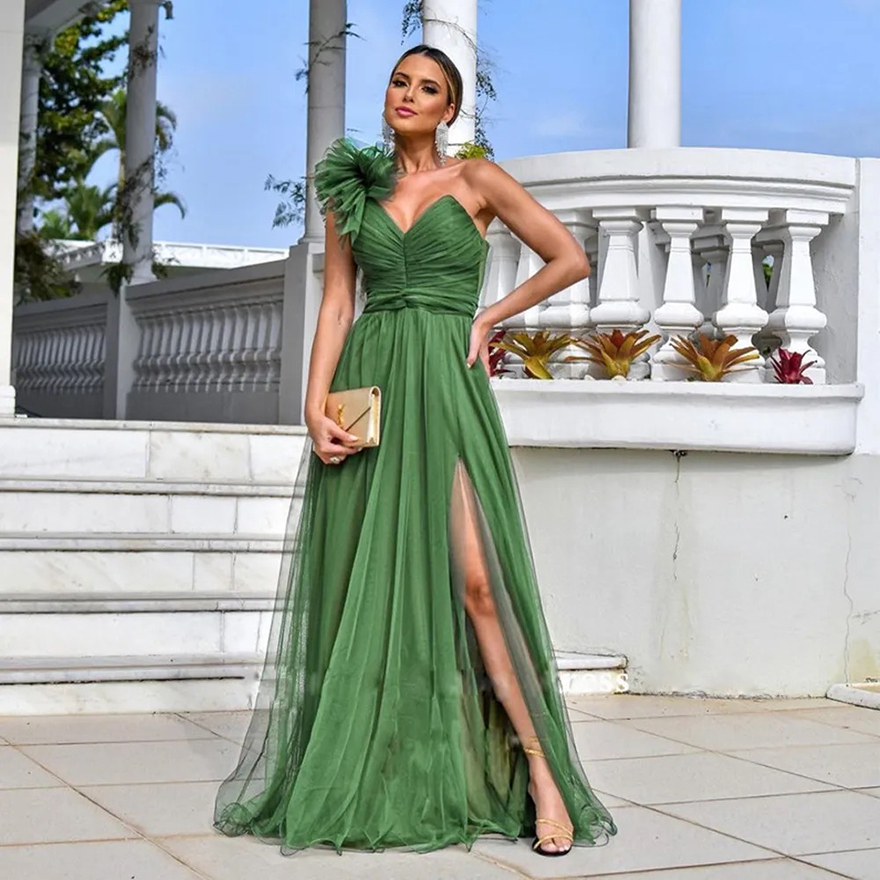 Green One Shoulder Bridesmaid Dresses Ruched A Line Prom Gown Side Split Bohemian Womens Maxi Dress