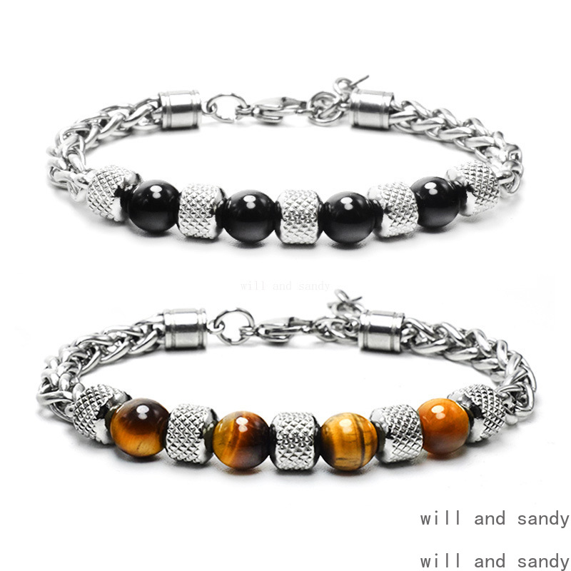 Natural Stone Beaded Strand Bracelets Charm Stainless Steel Chain Designer Jewelry Bracelet Wristband for Men Women Hip Hop Fashion Jewelry Father Bir