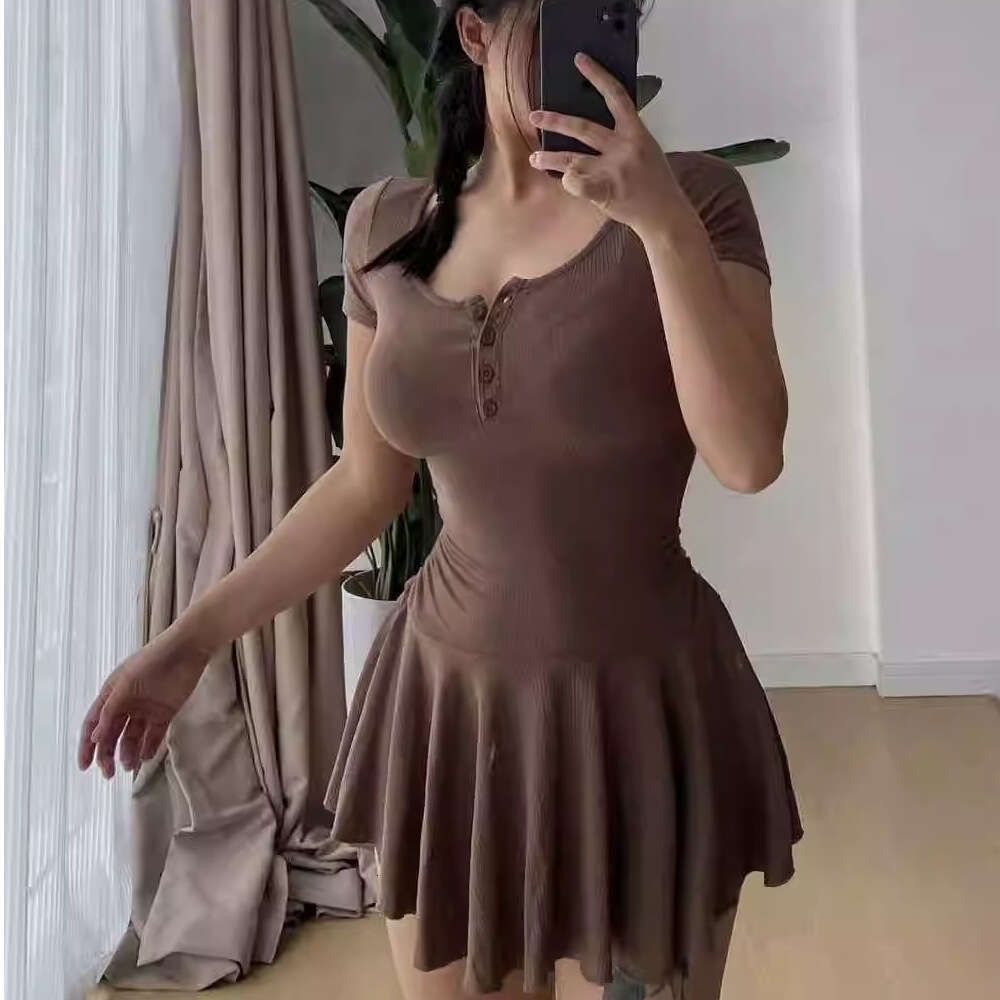 Women's Clothing Petite Gray U-Neck Sleeve Sexy Pure Desire Waist-Cinching Short College Style Fashionable Age-Reducing A-Line Skirt B5