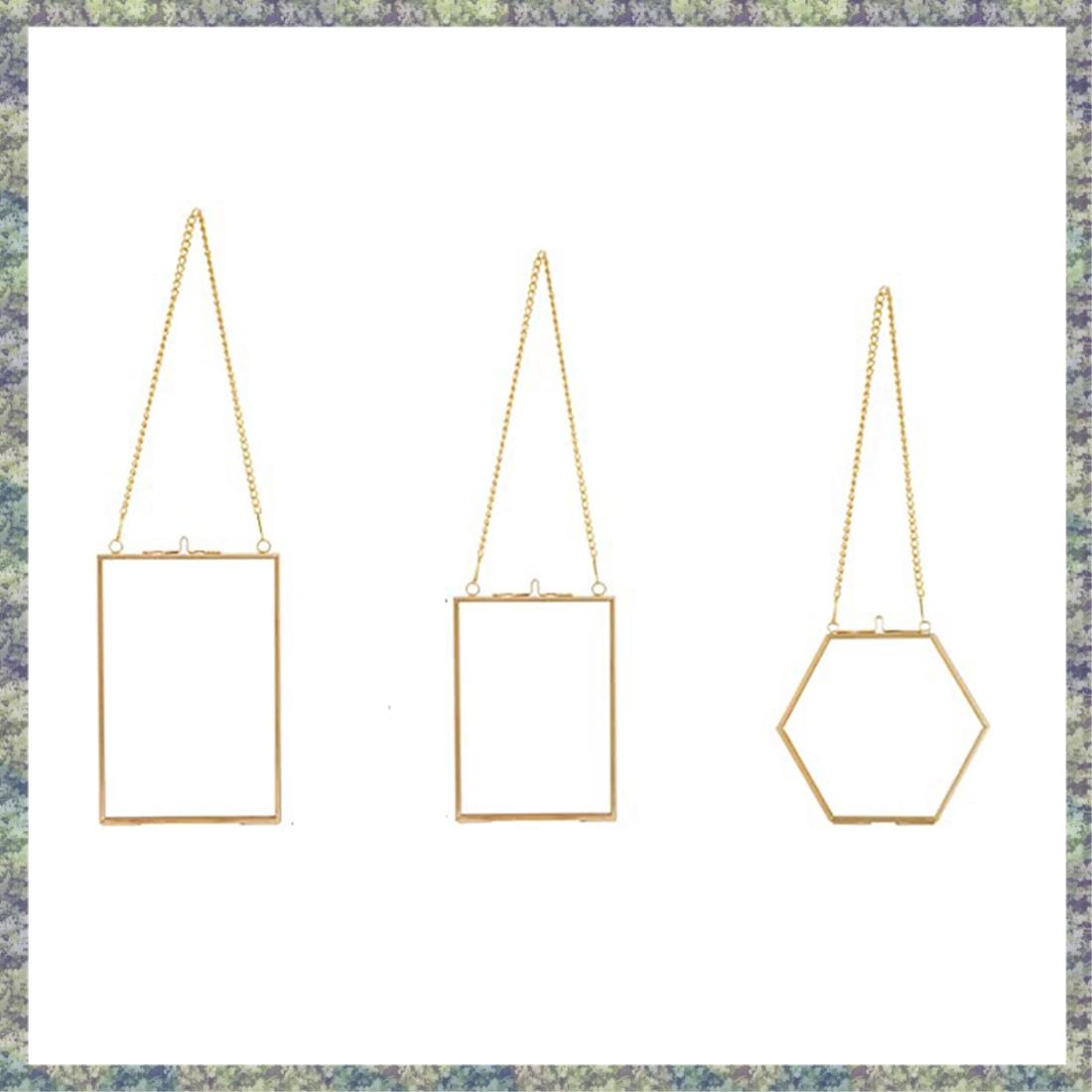 WON 3 Packs Pressed Flowers Frames- Golden Hanging Glass Picture With Chain Floating DIY Artwork Display Frames H260306