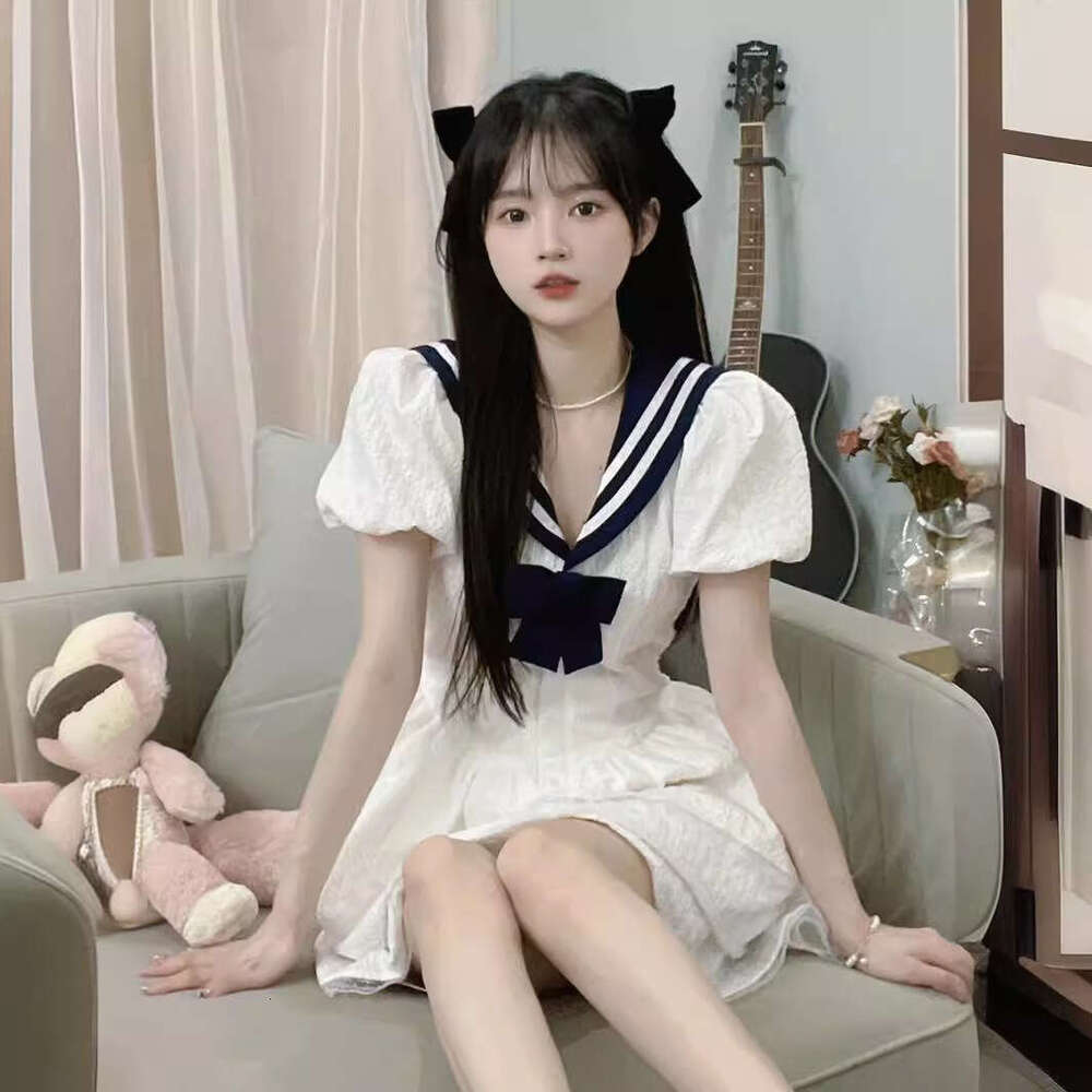 Navy Style Doll Waist-Cinching A-Line For Women Summer Hot Girl Princess Puffy Little White Dress B5