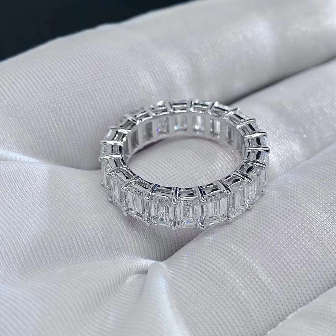 14K White Gold VVS1 DEF Color Emerald Cut Lab Grown Diamond Eternity Ring Band