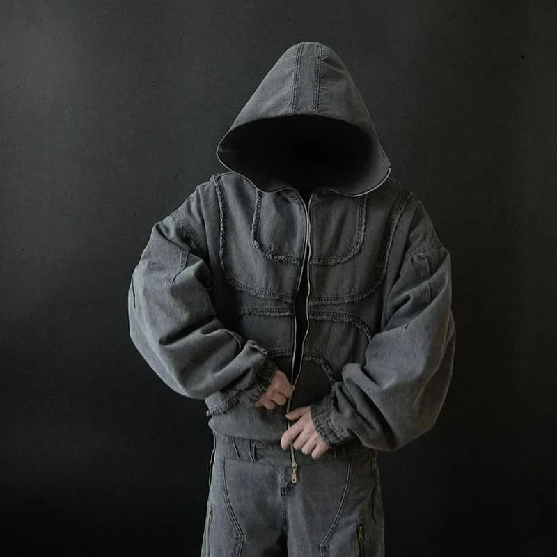 Washed Denim Jacket Y2K American Double Zipper Stitching Flanging Streetwear Gothic High Street Oversized Unisex Pullover 250710