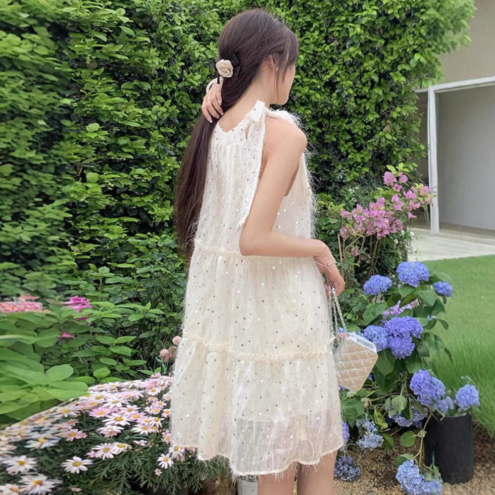 Bow Tie Halter For Women Summer French Style Petite Elegant Sleeveless Princess Doll Midi Dress B5