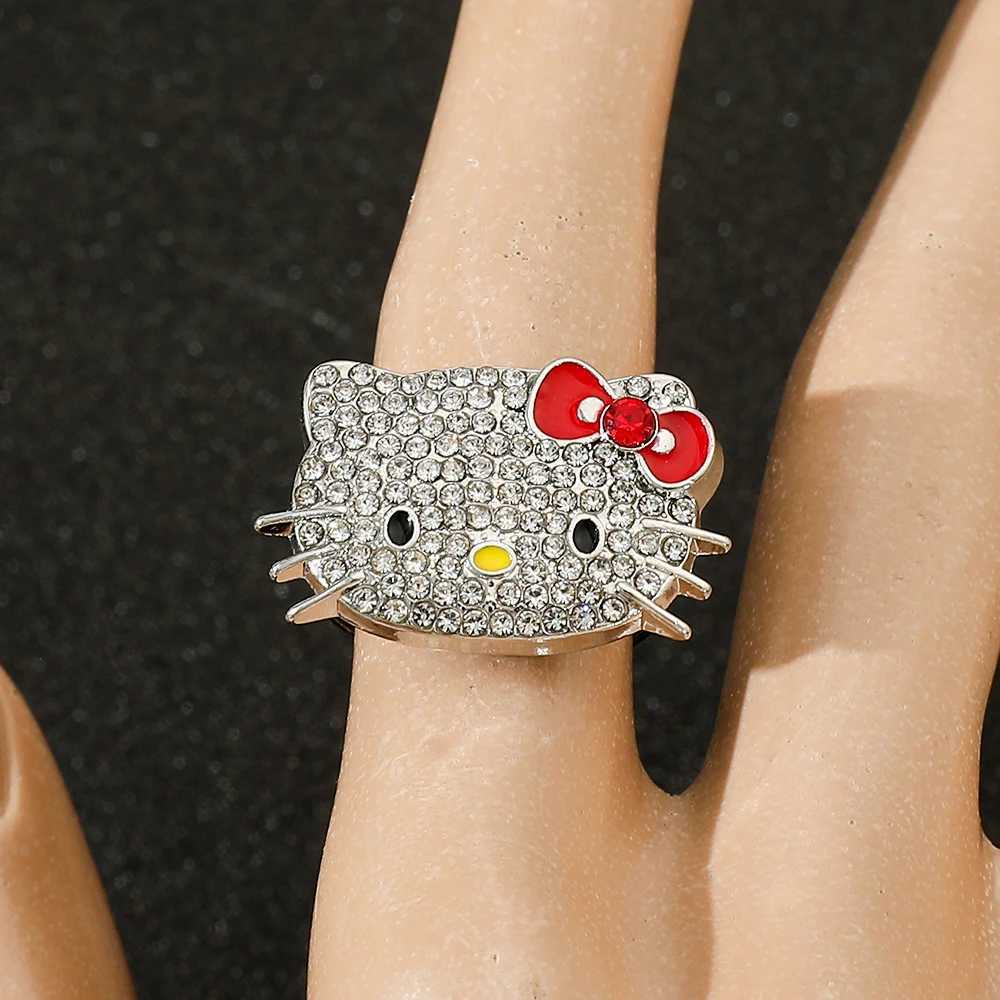 Sanrio Hello Kitty Rhinestone Ring Y2K Millennium Girl Adjustable Aesthetic Rings 2 Pieces Women Fashion Accessories Giftw250716