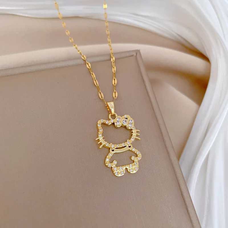 Sanrio Stainless Steel Hello Kitty Crystal Pendant Necklace for Women Hollow Choker Clavicle Chain Charm Necklace Jewelry Accessories w250716