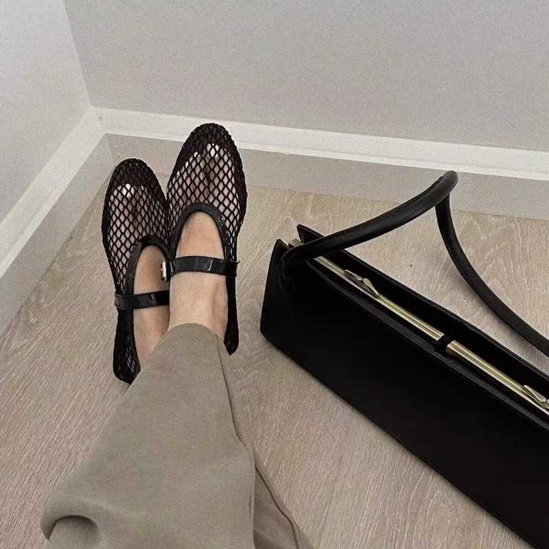 Mesh Black Ballet Shoes for Women Summer New Flat Hollow Mesh Breathable Single Shoe Fishnet Shoes Sandals XJ250712