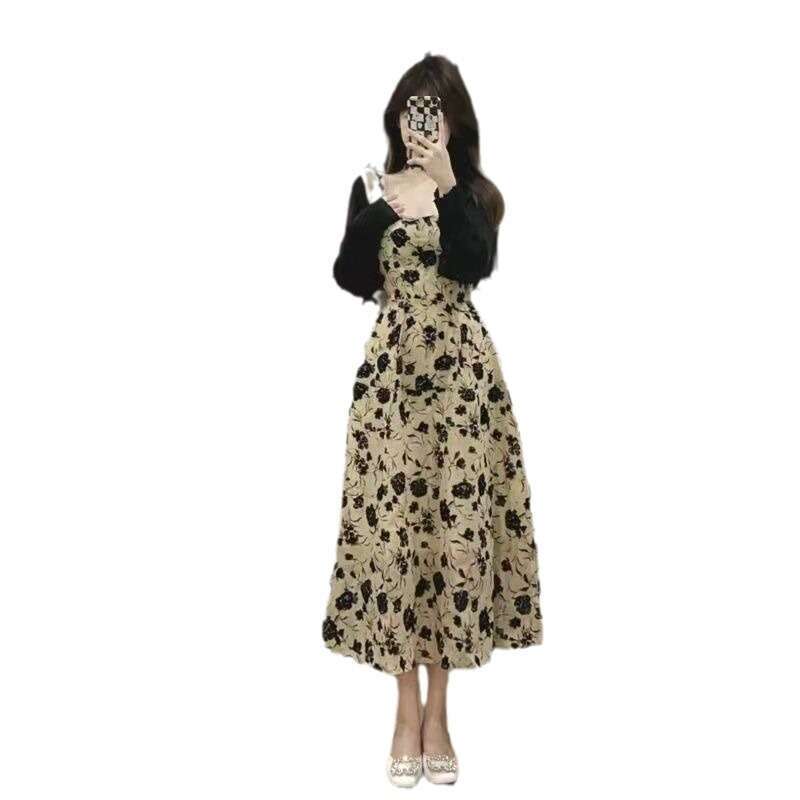 Plus Size Fat MM Hepburn Style Floral For Women Summer High-End Sense Elegant Long French Tea Break Strap Dress B5