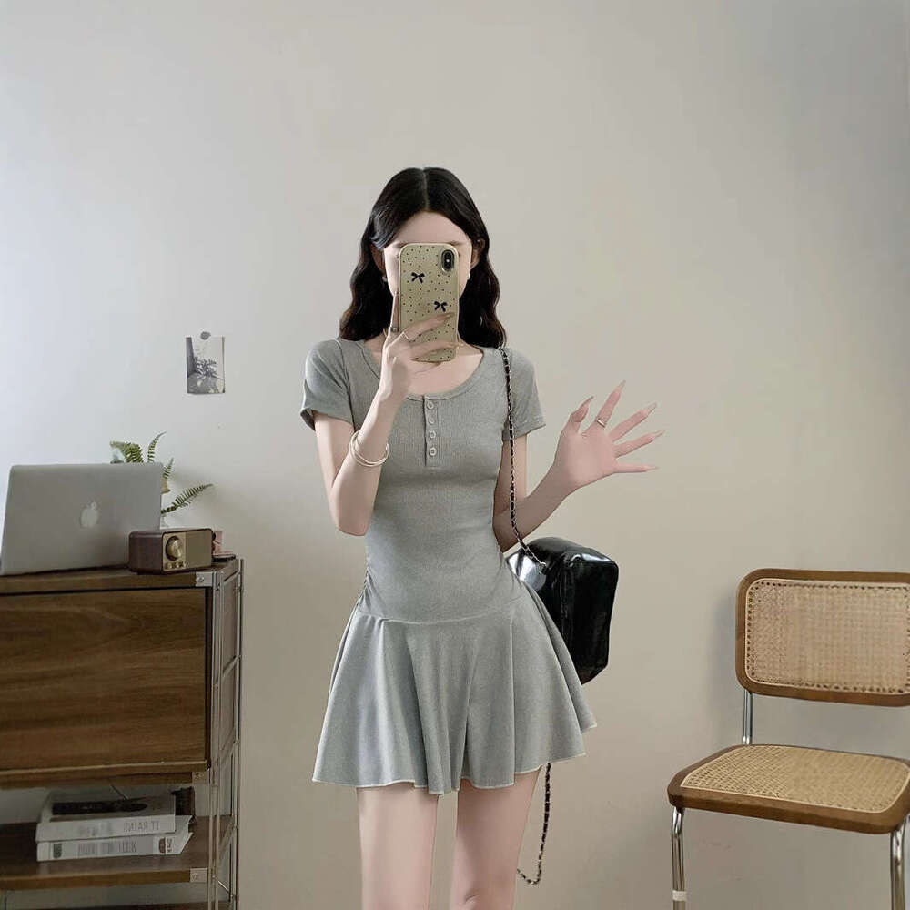 New Gray Slim Fit Sleeve For Women, Summer Waist-Cinching A-Line Dress, Petite Slimming Short Dress B5