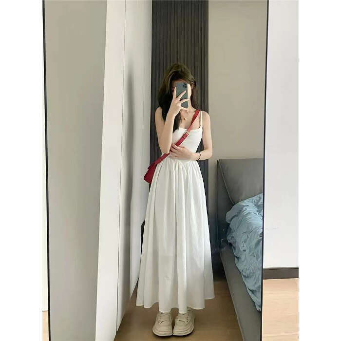 White Strap For Women Summer New Small Petite Slimming Gentle French Style First Love Long Dress B5