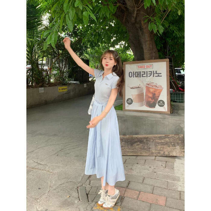 Sweet Youthful Polo Collar Waist-Cinching Beautiful Long French Gentle Blue Elegant Short Sleeve Dress Summer B5