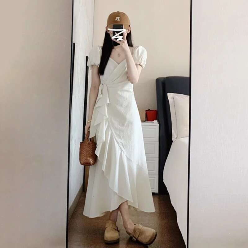French Style White High-End Elegant For Women Summer New Small Irregular Design Long Dress B5