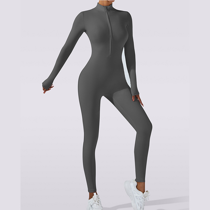 European and American Nude-Feel Zip-Up Long-Sleeve Yoga Bodysuit | High-Impact Workout One-Piece Fitted Yoga Outfit