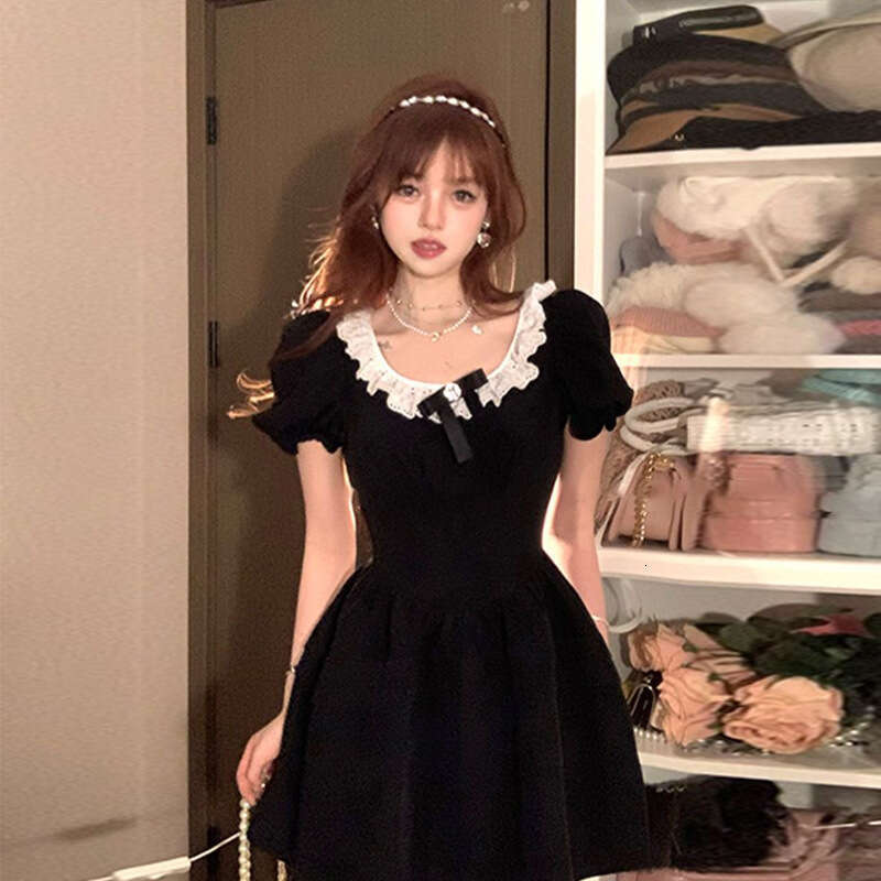 French Style Black Sleeve For Women Summer High-End Elegant Princess Puff Waist-Cinching Petite Short Dress B5